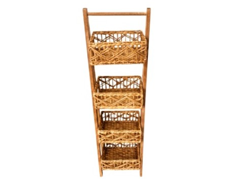 Top-tier 4-Tier Acacia Wood Frame Ladder Shelf with Water Hyacinth Baskets